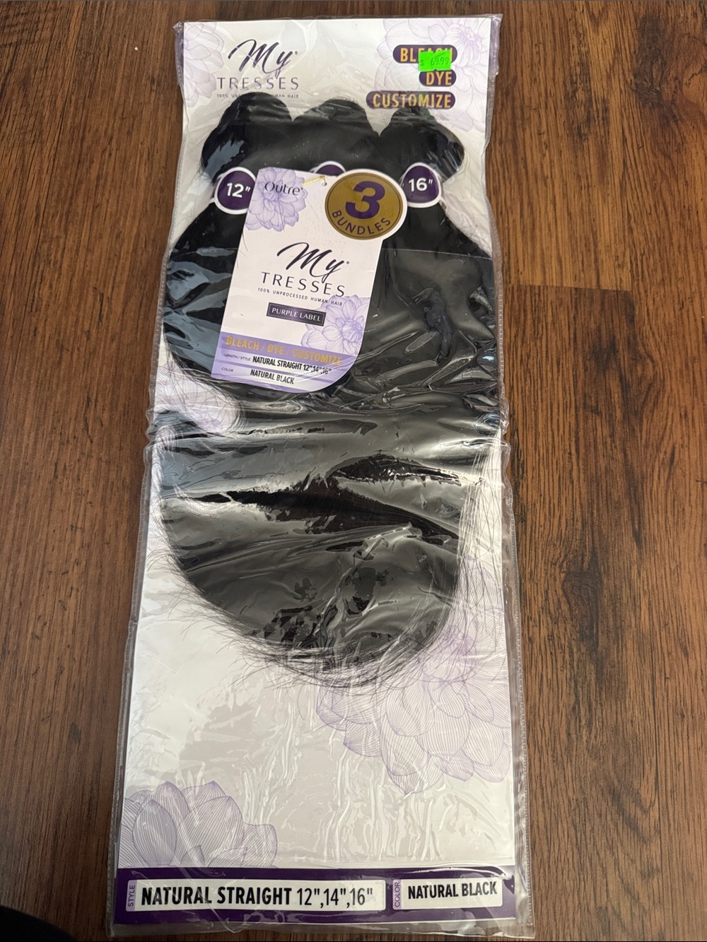 My Tresses Natural Black Straight Hair Bundles - 3-Pack (12", 14", 16")